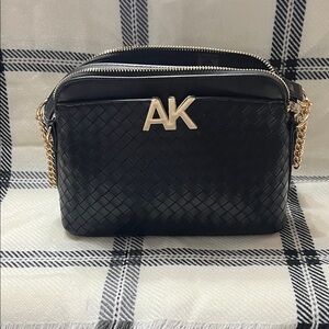 Anne Klein Black Woven Crossbody Bag with Gold Chain
